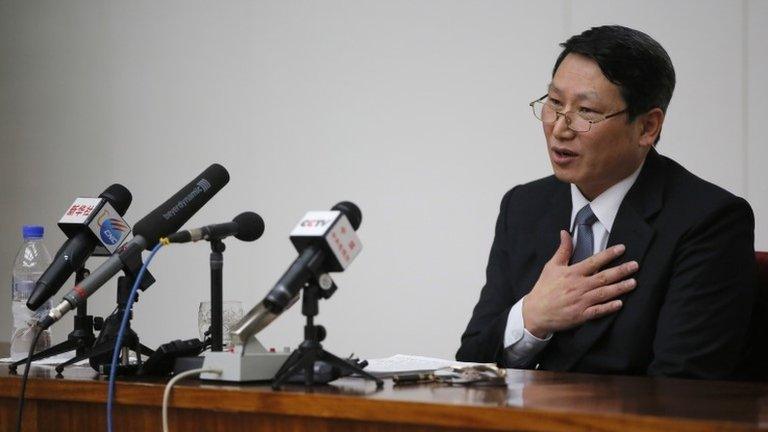 Kim Jung-wook, a South Korean Baptist missionary, speaks during a news conference in Pyongyang, North Korea, Thursday, 27 February 2014