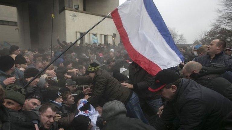 Crimean flag seen during unrest in Simferopol, Crimea