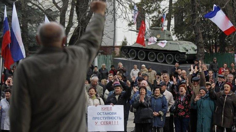 Pro-Russia demonstrators in Crimea's capital Simferopol, Ukraine, 6 March