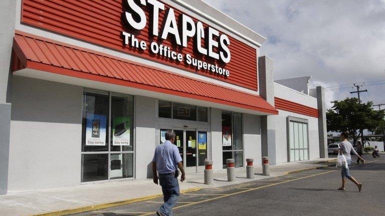 This 06/03/13 file photo shows a Staples office supply store Miami