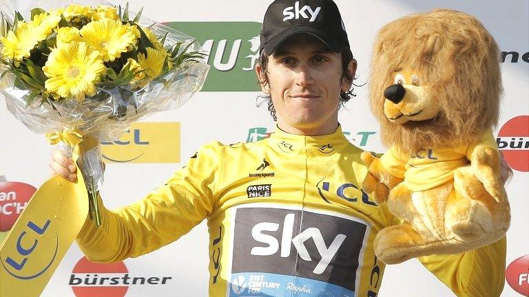 Britain's Geraint Thomas celebrates in the leader's yellow jersey at the Paris-Nice race