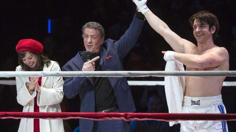 Sylvester Stallone (c) with the musical's stars Andy Karl and Margo Seibert