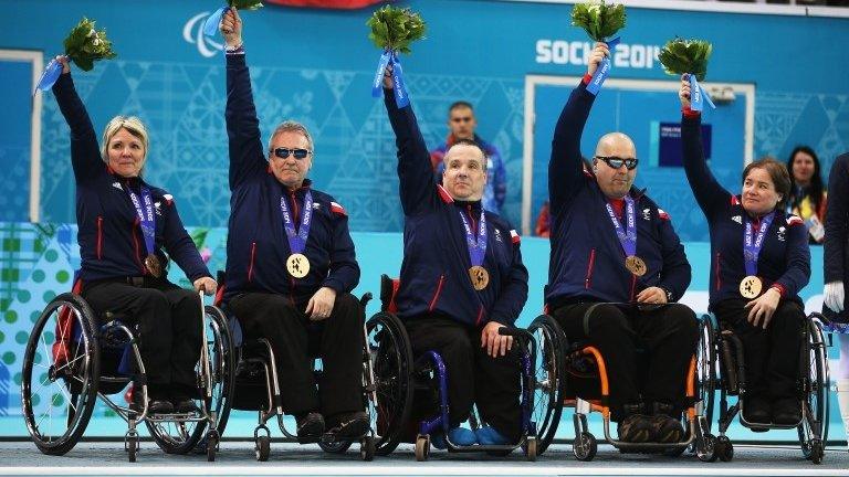 The GB wheelchair curling team of Angie Malone, Jim Gault, Bob McPherson, Gregor Ewan and Aileen Neilson