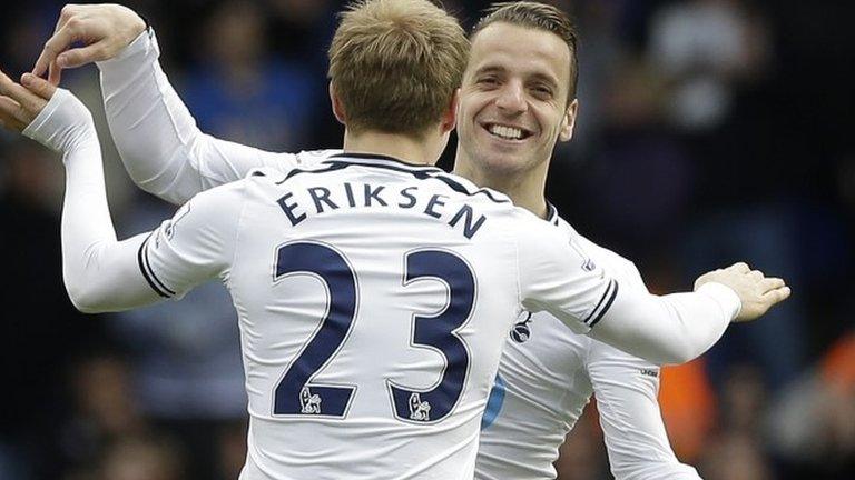 Tottenham's Roberto Soldado and Christian Eriksen