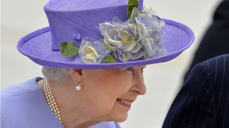 The Queen, wearing lilac, at Ciampino airport, near Rome