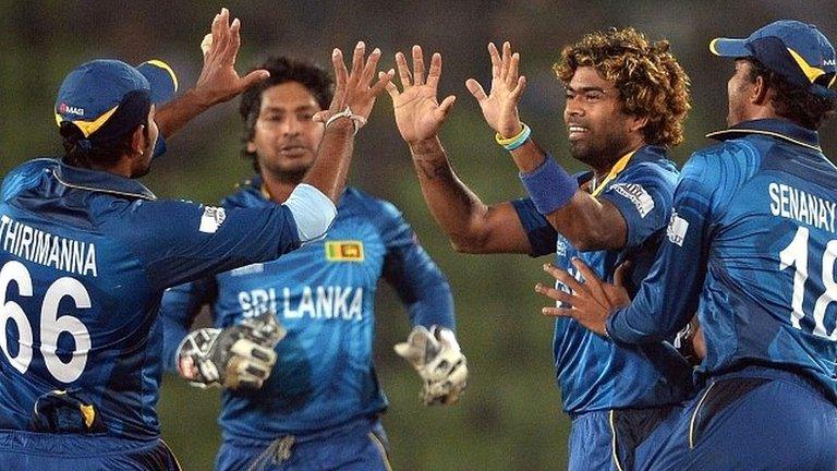 Sri Lanka captain Lasith Malinga celebrates a West Indies wicket