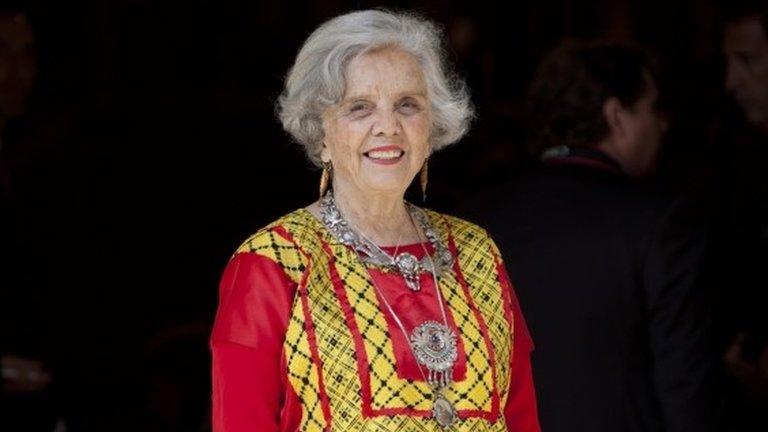 Mexican writer Elena Poniatowska, winner of the Cervantes prize, poses on her arrival at the University of Alcala de Henares for the Cervantes Prize award ceremony, in Alcala de Henares, Spain, on Wednesday, April 23, 2014