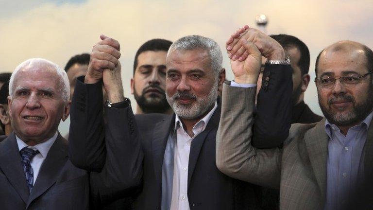 Senior Fatah official Azzam al-Ahmad, Gaza's Hamas Prime Minister Ismail Haniyeh, and senior Hamas leader Moussa Abu Marzouk