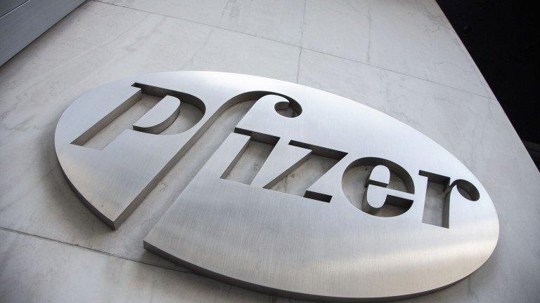 The Pfizer logo at its New York headquarters