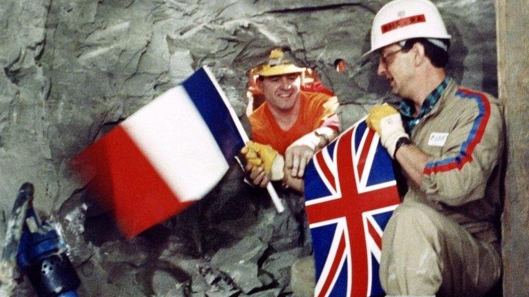 Philippe Cozette from France (R) and Graham Fagg from England pictured during the construction of the Channel Tunnel