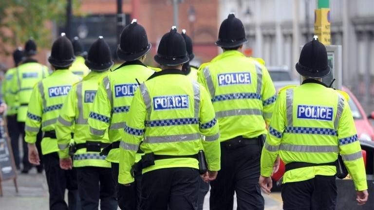 A group of police officers seen from behind