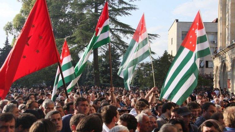 Protesters in front of the presidential office in Sukhumi, Abkhazia, 28 May