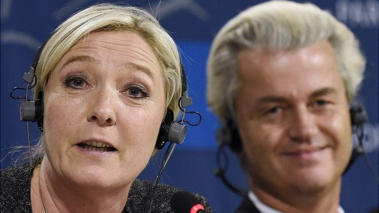 Marine Le Pen and Geert Wilders give press conference at EU parliament in Brussels. 28 May 2014