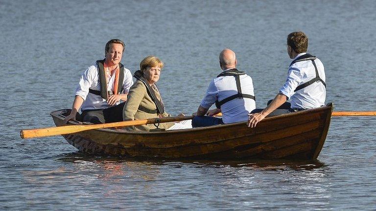 British Prime Minister David Cameron, German Chancellor Angela Merkel, Swedish Prime Minister Fredrik Reinfeldt and Dutch Prime Minister Mark Rutte