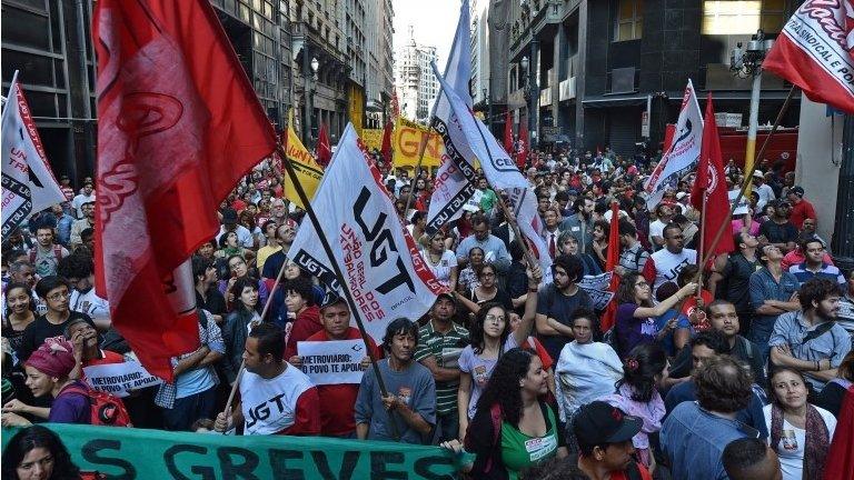 Striking subway workers protest on 9 June, 2014 in Sao Paulo, Brazil