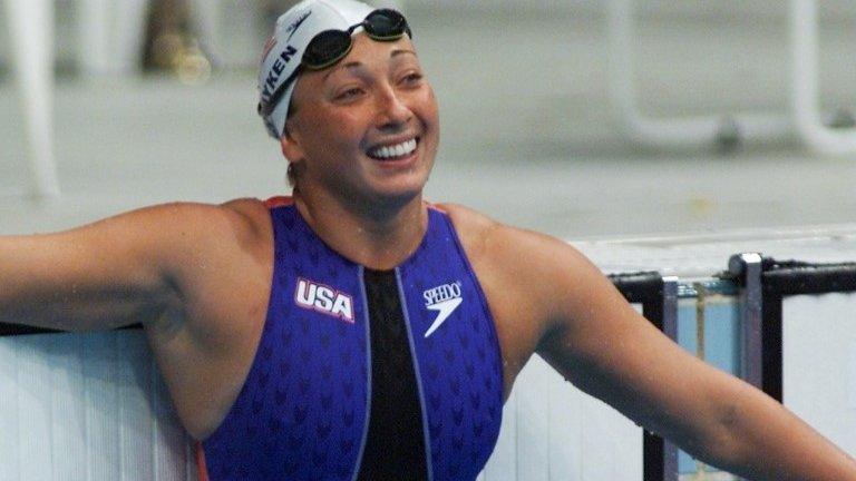 US swimmer Amy Van Dyken watching the time board after her 50m freestyle heat at Sydney International Aquatic Centre during Sydney 2000 Summer Olympics 22 September 2000