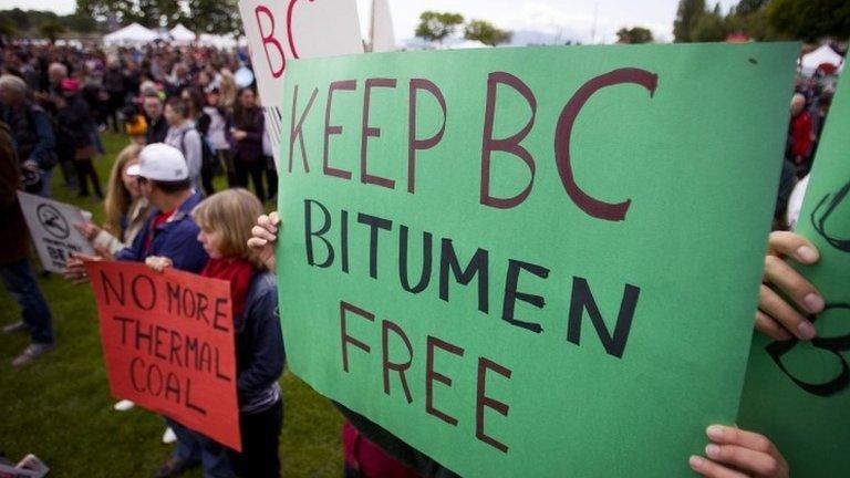 Demonstrators carry signs in protest against the Northern Gateway pipeline project during a "no" to the Enbridge pipeline rally at English Bay in Vancouver, British Columbia 10 May 2014