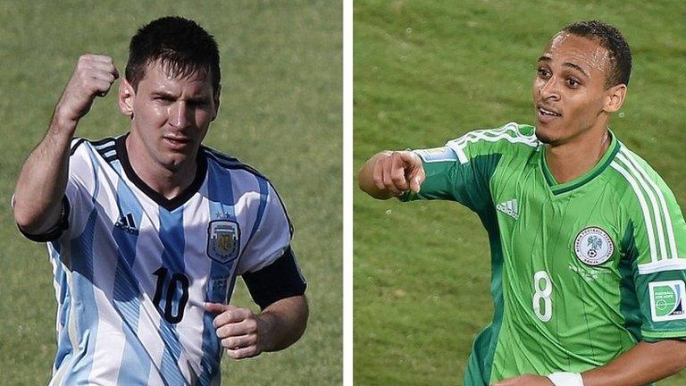 Argentina's Lionel Messi and Nigeria's Peter Odemwingie