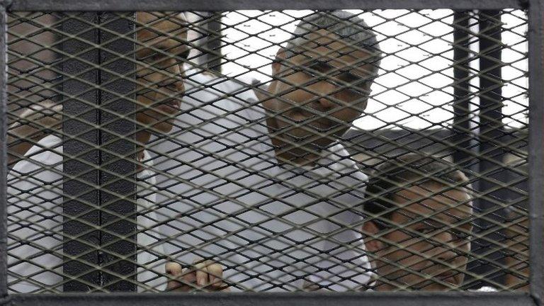 Peter Greste, Mohamed Fahmy and Baher Mohamed (23 June 2014)