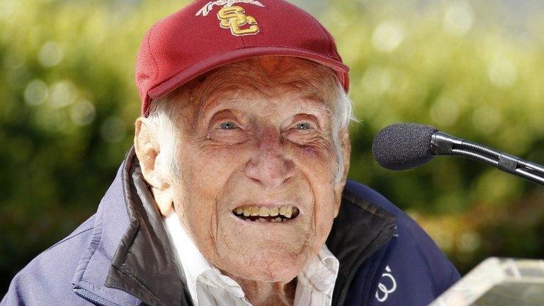 Louis Zamperini gestures during a news conference, in Pasadena, California 9 May 2014