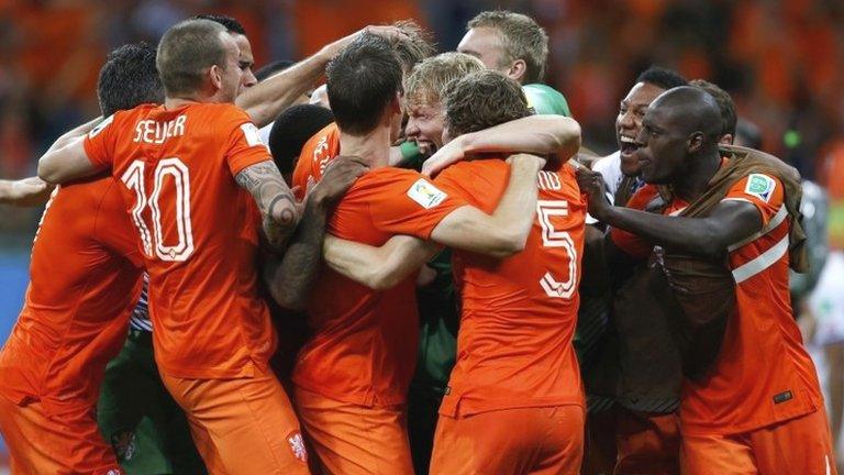 Netherlands celebrate their win over Costa Rica