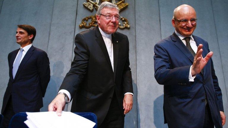 Cardinal Pell (L), Jean-Baptiste de Franssu (C) and outgoing bank head Ernst von Freyberg