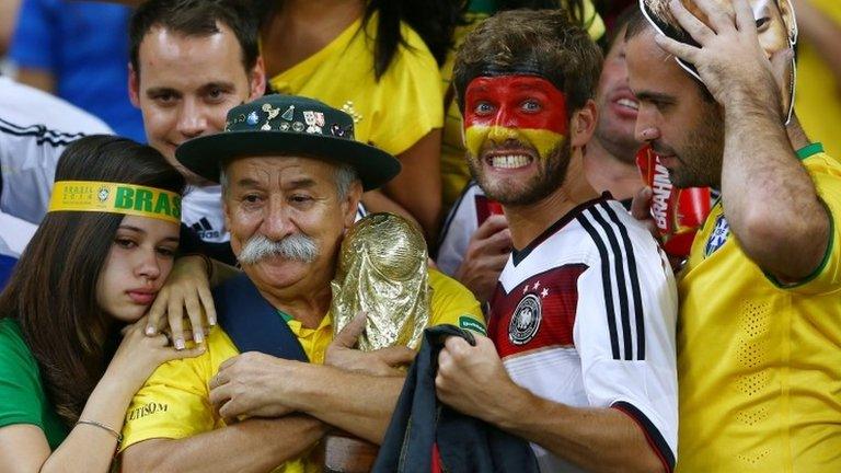 Brazilian and German fans at Mineirao stadium, W Cup semifinal