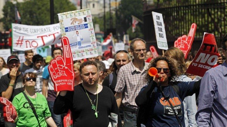 Protesters march in London at the weekend against TTIP