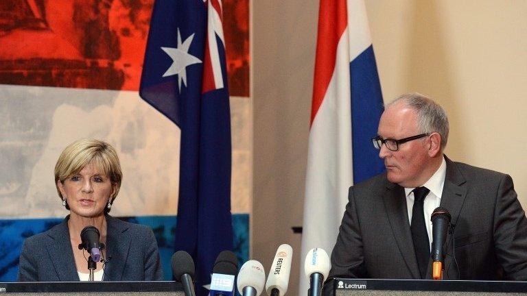 Australian Foreign Minister Julie Bishop (left) speaks during a joint press conference with Dutch Foreign Minister Frans Timmermans following a meeting in Kiev, Ukraine, 24 July 2014