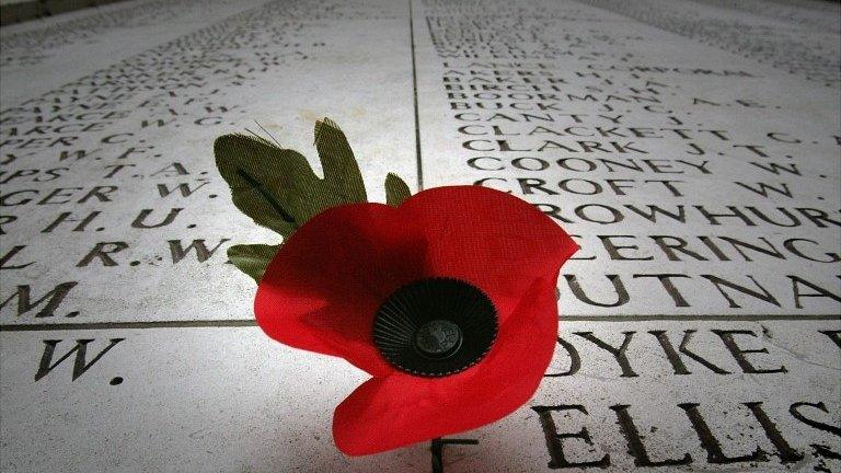 A poppy on a memorial at Ypres, Belgium (file pic, 2008)