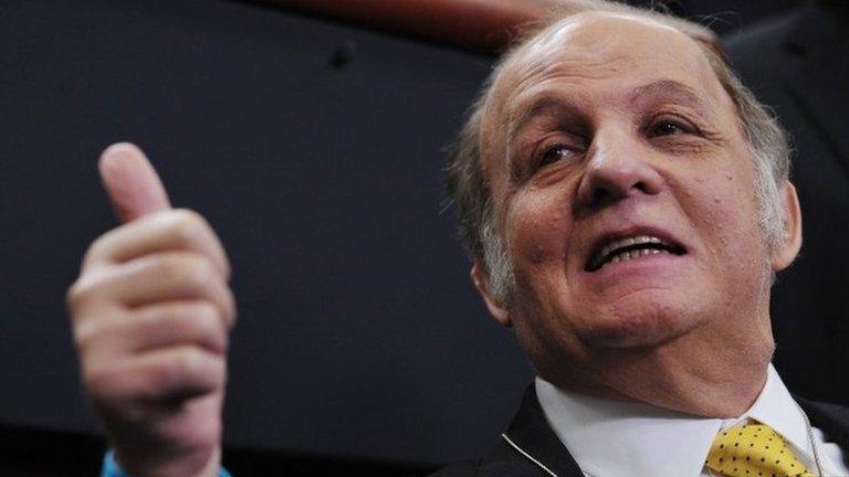 former White House press secretary James Brady as he gives the thumbs-up while visiting the Brady Briefing Room at the White House in Washington, DC. 30 March 2011