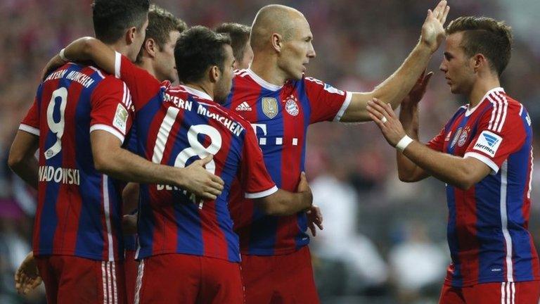 (Left-right) Bayern Munich's Robert Lewandowski, Thomas Muller, Juan Bernat, Arjen Robben and Mario Gotze