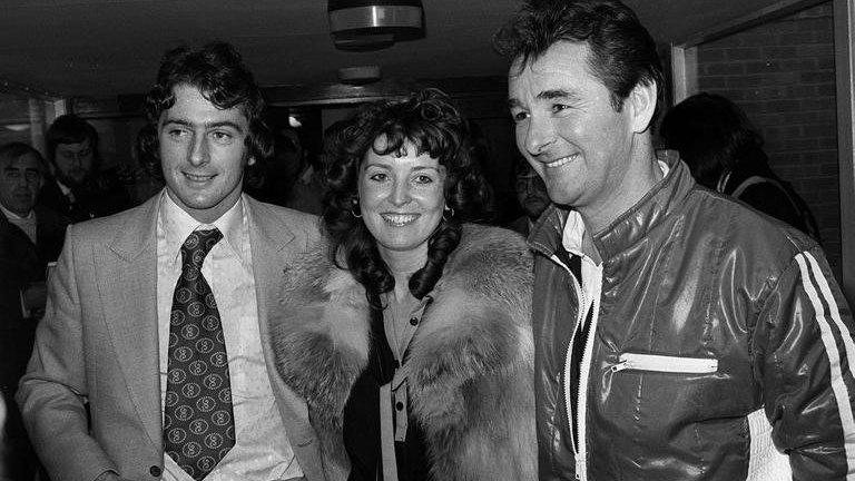 First million-pound man Trevor Francis, his wife Helen and Nottingham Forest manager Brian Clough