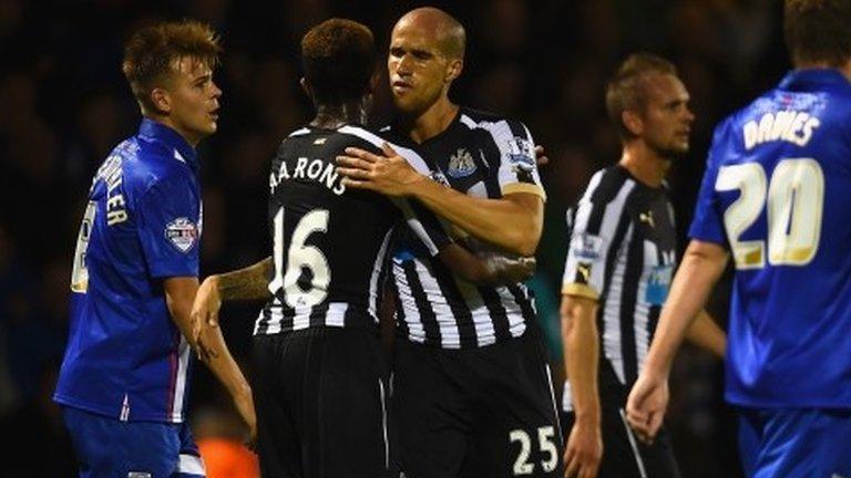 Gabriel Obertan of Newcastle celebrates his side's goal against Gillingham