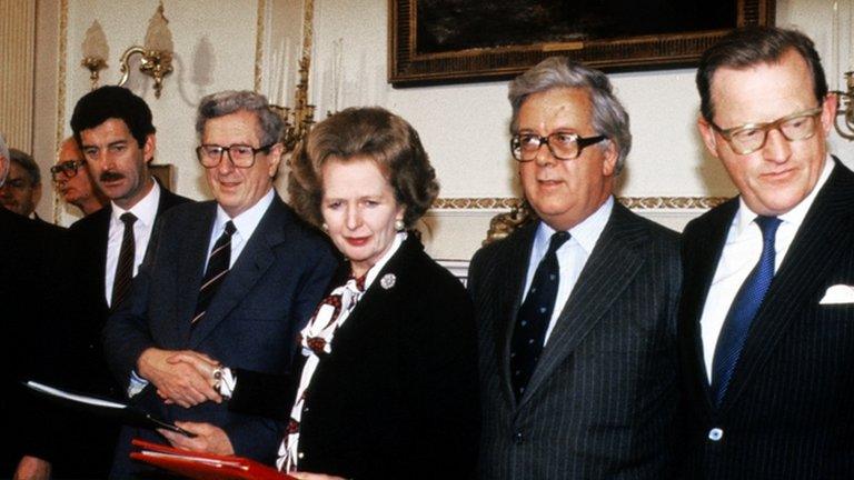 Margaret Thatcher, pictured at the signing of the Anglo Irish Agreement with from left to right, Irish Foreign Minister Dick Spring, Taoiseach Dr Garret Fitzgerald, Foreign Minister Geoffrey Howe and Northern Ireland Secretary of State Tom King