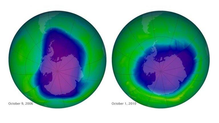 This undated image provided by NASA shows the ozone layer over the years, Sept. 17, 1979, top left, Oct. 7, 1989, top right, Oct. 9, 2006, lower left, and Oct. 1, 2010, lower right