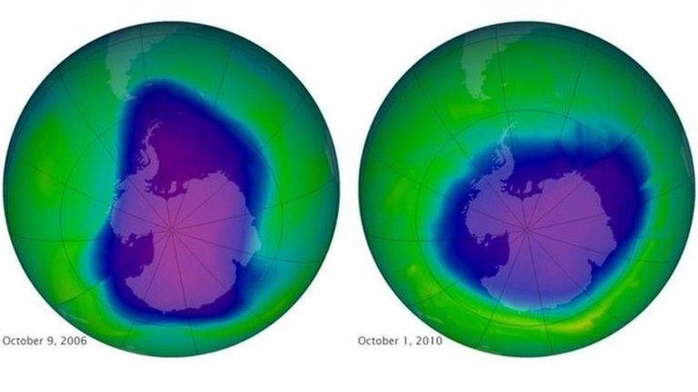 This undated image provided by NASA shows the ozone layer over the years, Sept. 17, 1979, top left, Oct. 7, 1989, top right, Oct. 9, 2006, lower left, and Oct. 1, 2010, lower right