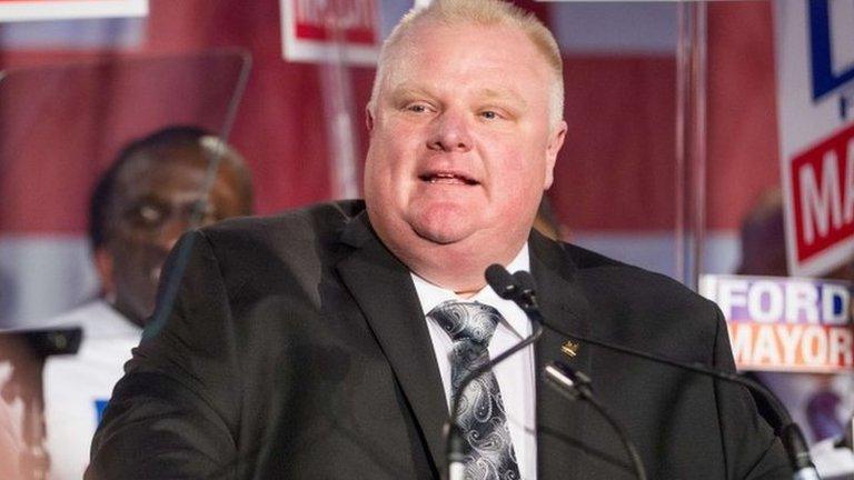 Toronto Mayor Rob Ford speaks during the kick off of his re-election campaign at a rally in the city's north end 17 April 2014