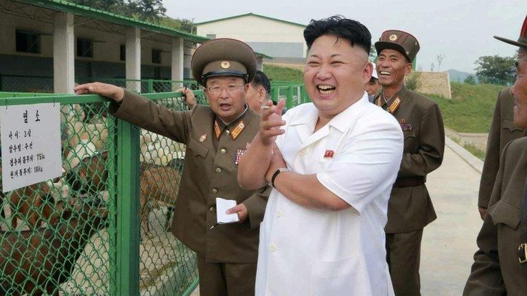 North Korean leader Kim Jong-un (C) reacting as he visits the North Korean People's Army Breeding Station No. 621