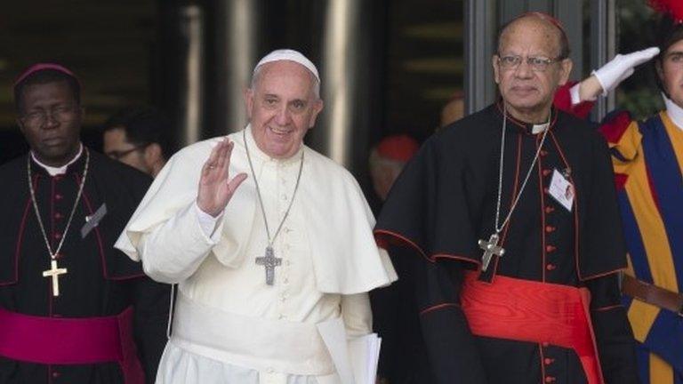 Pope Francis is flanked by Indian Cardinal Oswald Gracias at a session of the Synod on the family