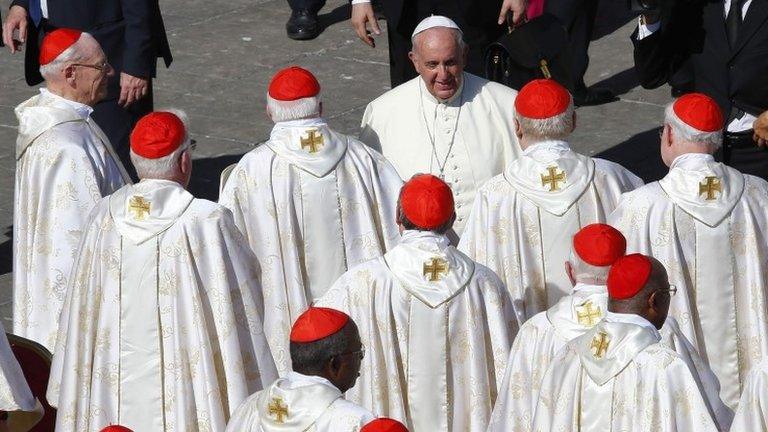 Pope Francis greets cardinals at the Vatican, 19 October