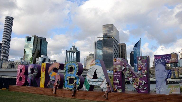 A Brisbane sign is displayed along the Brisbane River bank on 13 November 2014, ahead of the G20 Summit