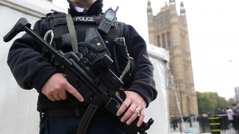 An armed Metropolitan police officer outside the Houses of Parliament