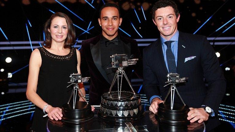 Winner of Sports Personality of the Year 2014, Lewis Hamilton, second placed Rory McIlroy (right) and third placed Jo Pavey (left)