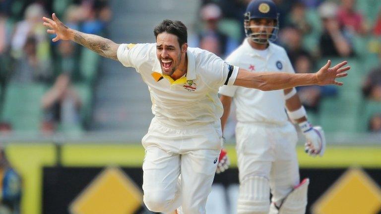 Australia's Mitchell Johnson celebrates a wicket