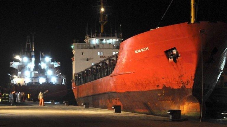 The Blue Sky M cargo ship is seen docked at the Gallipoli harbour southern Italy, 31 December 2014