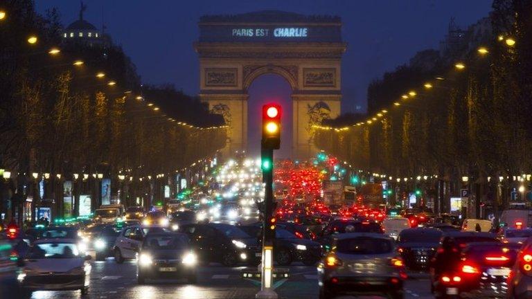 "Paris is Charlie" projected onto Arc de Triomphe in centre of city - 10 January