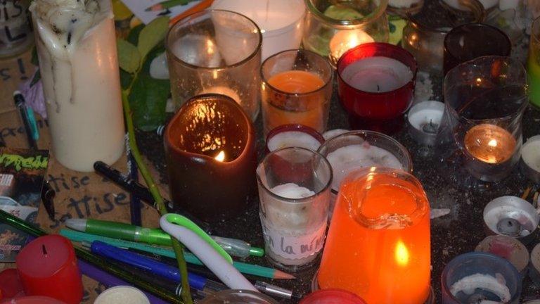 At the vigil near the offices of Charlie Hebdo, on Rue Nicolas Appert, Paris. Photo taken 11 January, by Patrick Jackson, BBC News