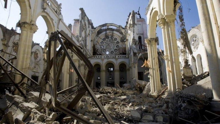 The remains of a cathedral are seen in Port-au-Prince, Haiti, January 2010