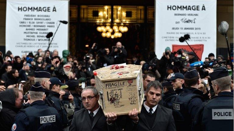 Tignous' coffin outside Montreuil town hall - 15 January